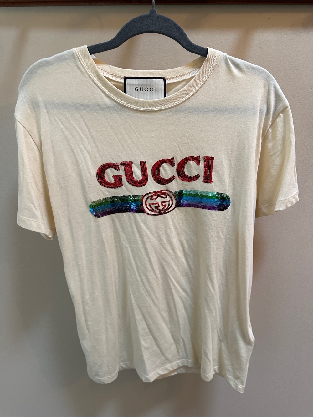 Gucci Cream Short-Sleeve Logo Sequin Tee with Rainbow Stripe